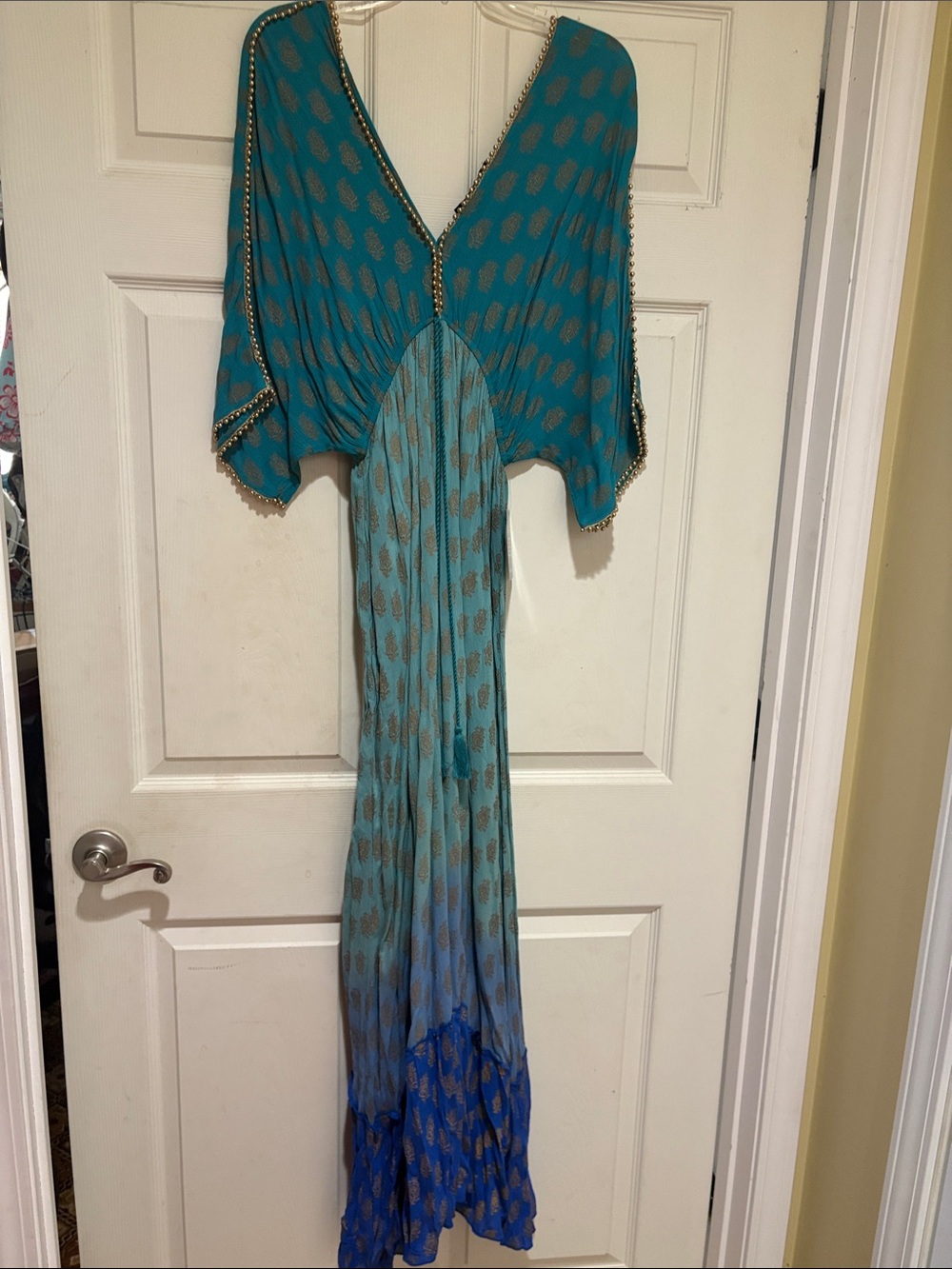 Boston Proper Teal to Blue Ombre Maxi Dress with Gold Accents